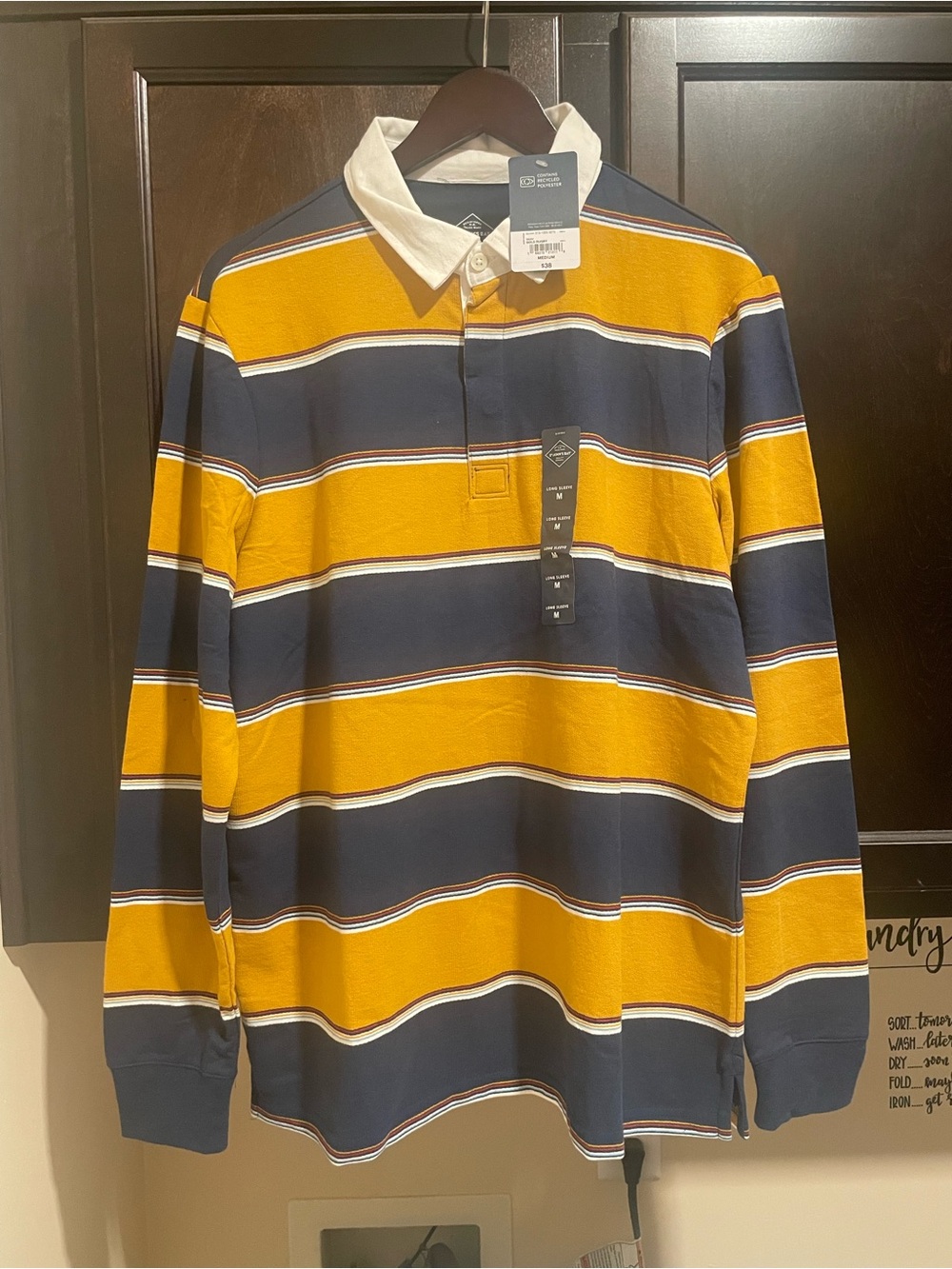 NWT St. John's Bay yellow, navy blue, and white horizontal striped rugby medium